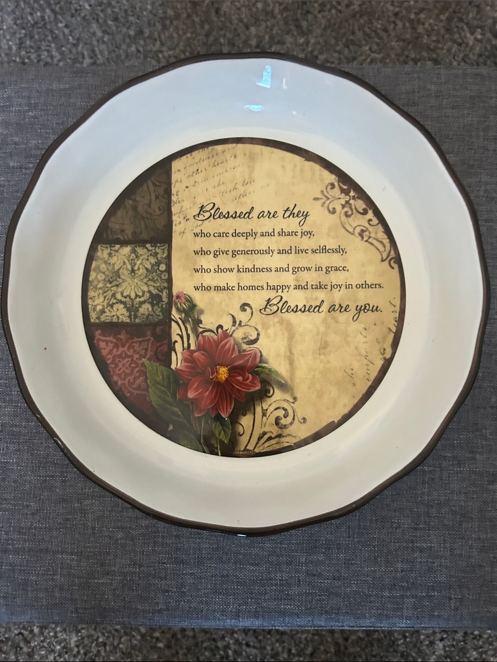 Blessed Floral Decorative Plate - White with Red Accent